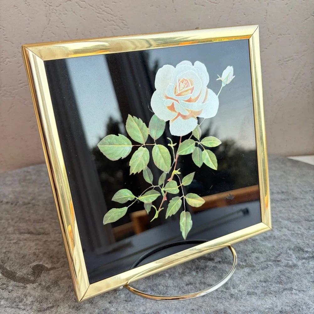Vintage 1985 Kafka Industries metallic Foil Art White Rose Framed Art 6.25in